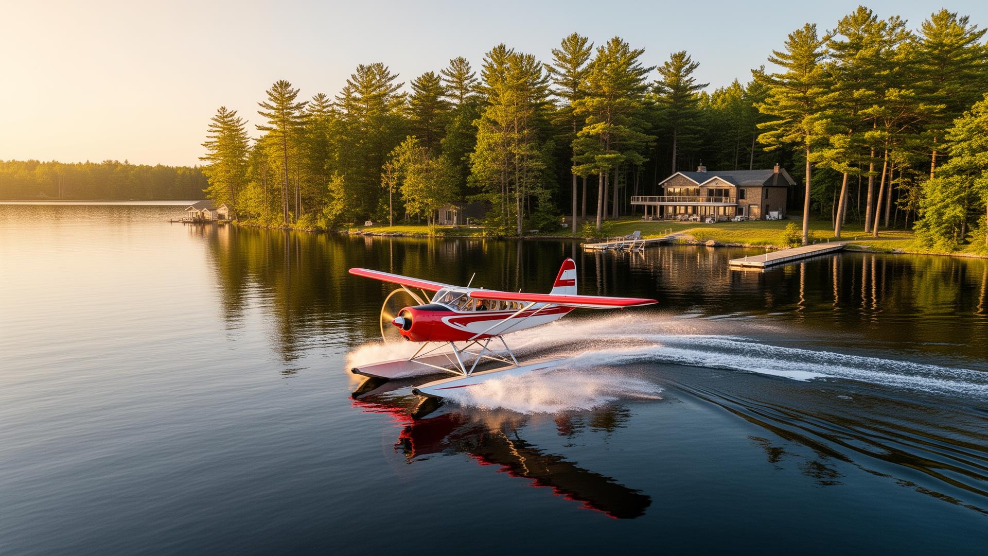 Seaplane landing on a calm Ontario lake, gliding toward a wooden cottage dock at golden hour